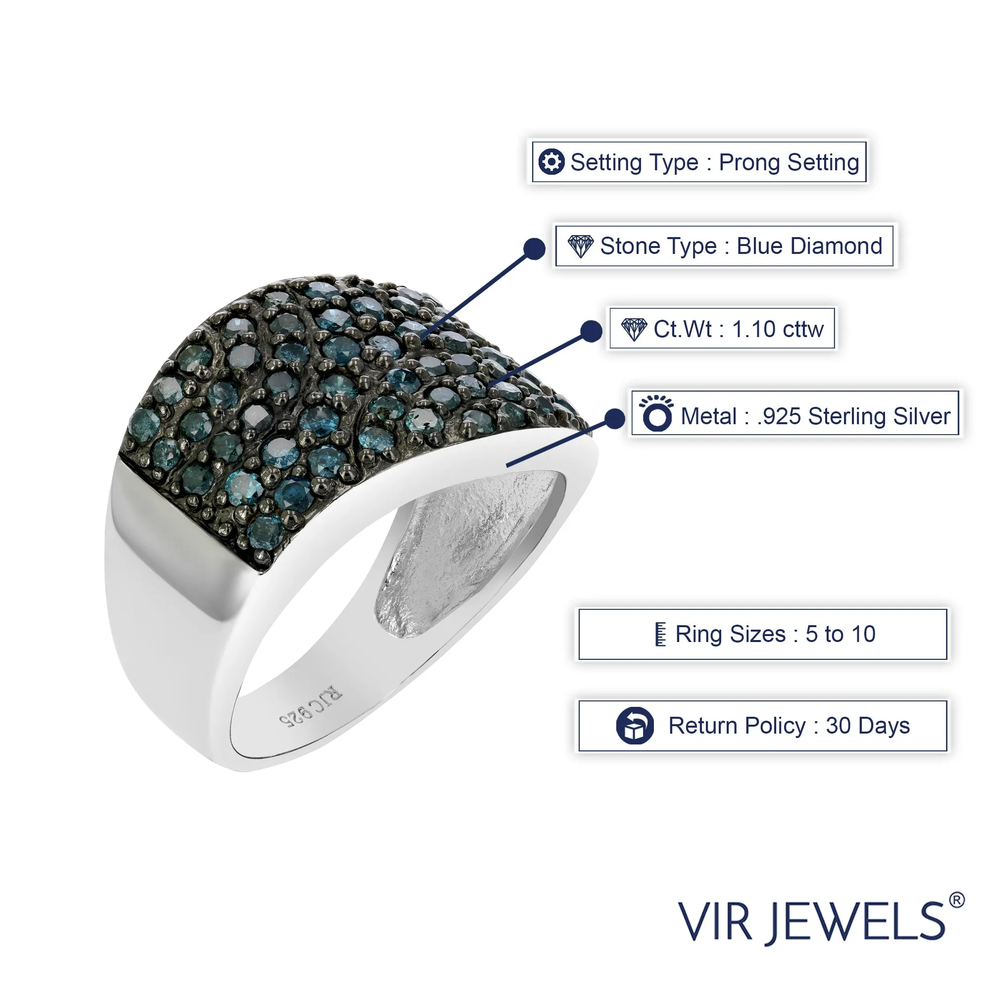 1.10 cttw Blue Diamond Classic Statement Ring in Sterling Silver