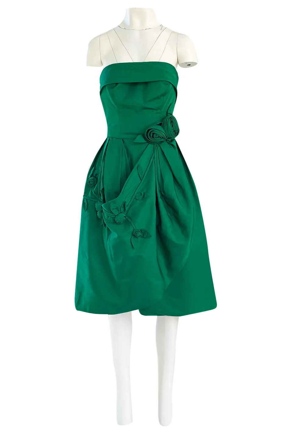 1950s Suzy Perette Emerald Green Strapless Full Skirted Dress w 3D Flower Detailing