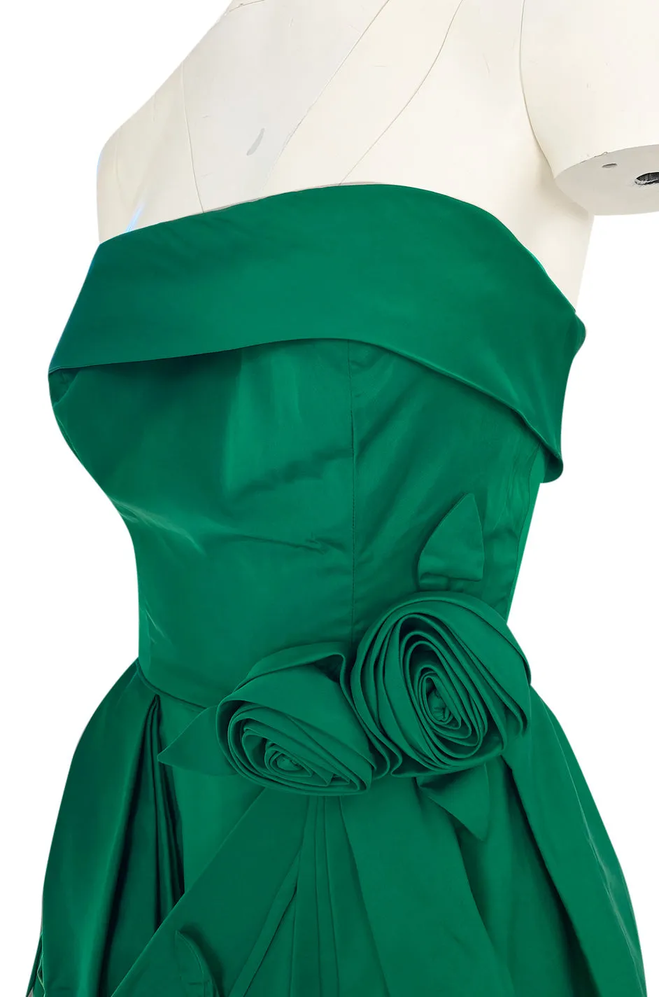 1950s Suzy Perette Emerald Green Strapless Full Skirted Dress w 3D Flower Detailing