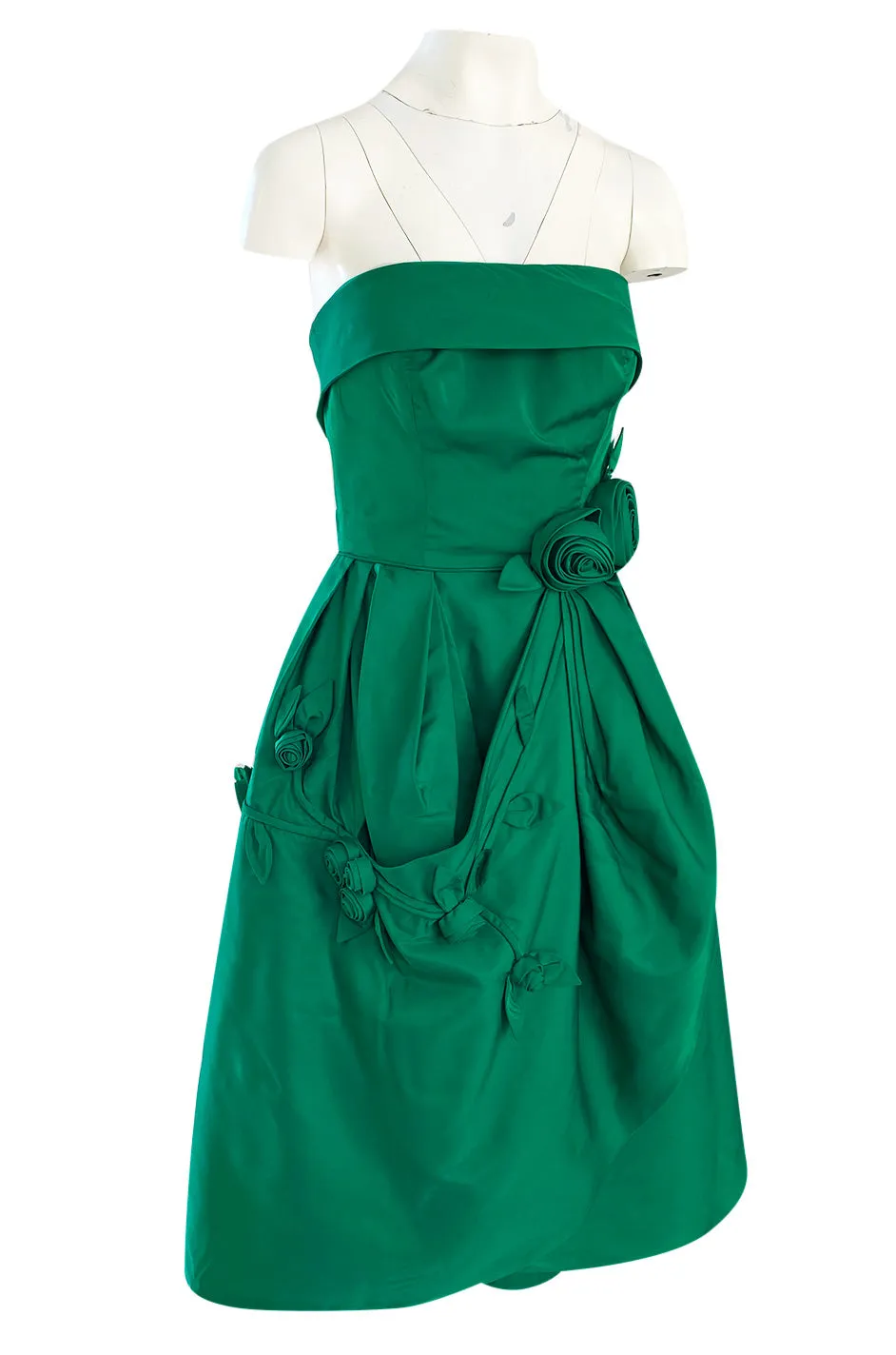 1950s Suzy Perette Emerald Green Strapless Full Skirted Dress w 3D Flower Detailing
