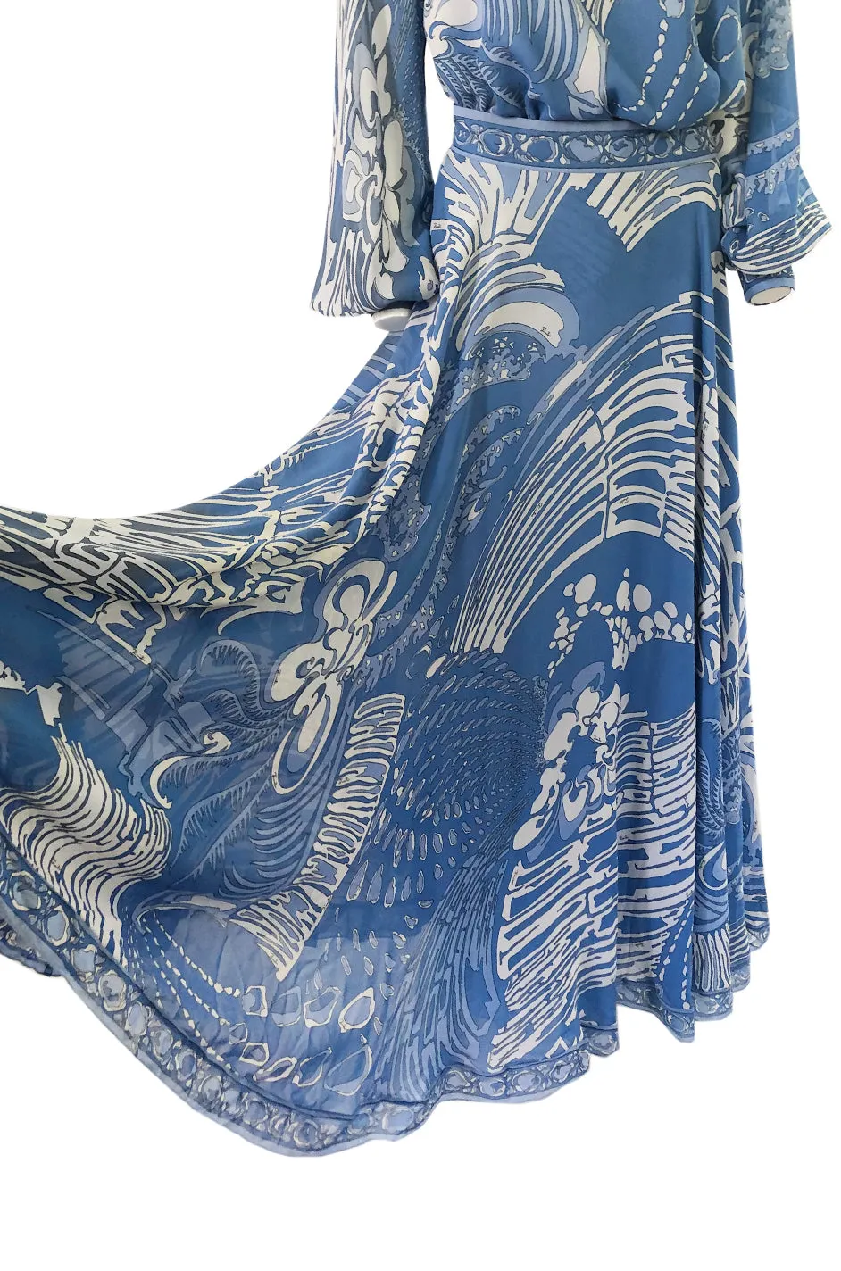 1960s Emilo Pucci Pretty Blue Silk Print Chiffon Top and Skirt Maxi Dress