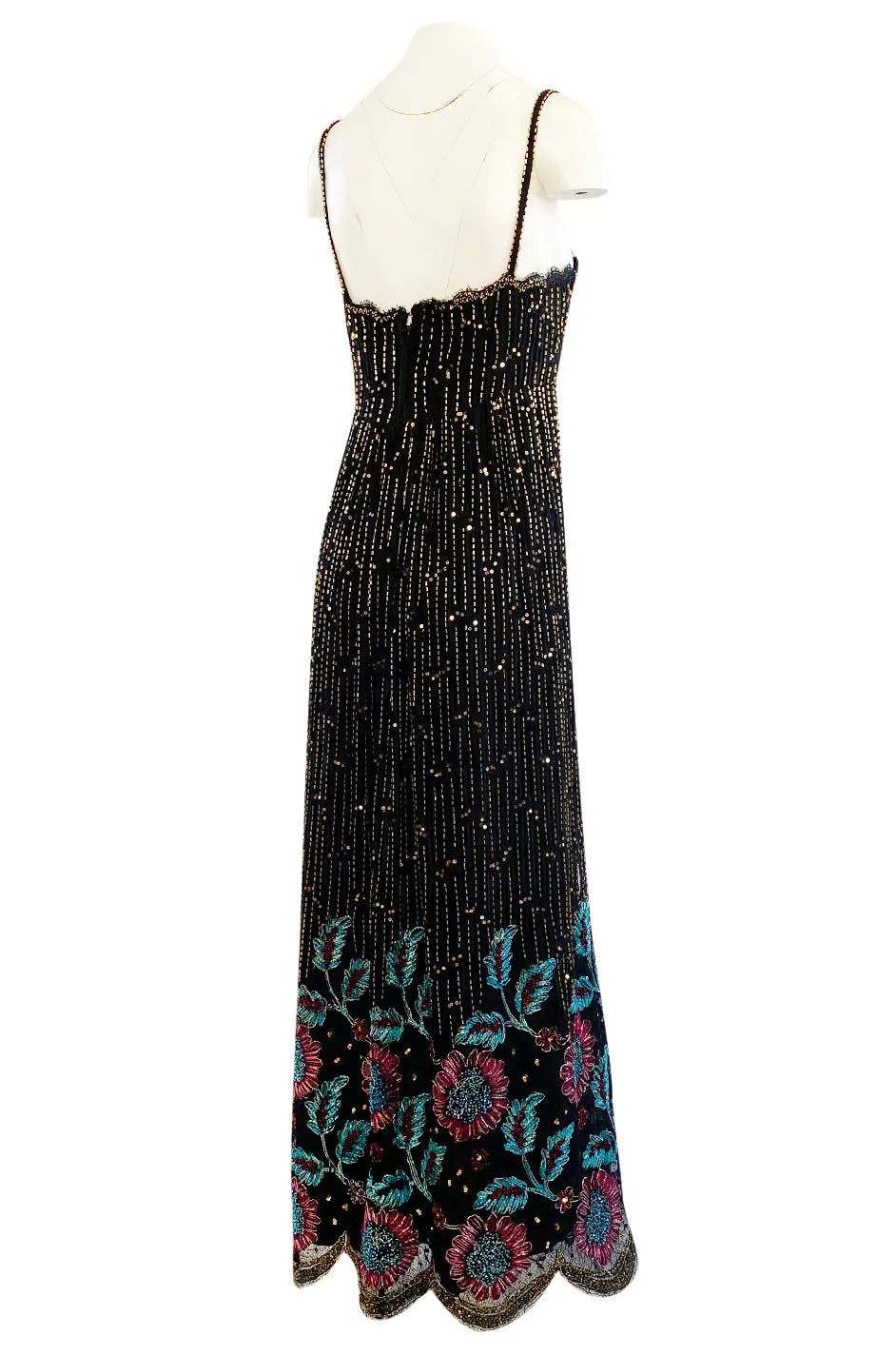 1970s Alfred Bosand Densely Beaded Sequinned & Embroidered Gold & Floral Dress