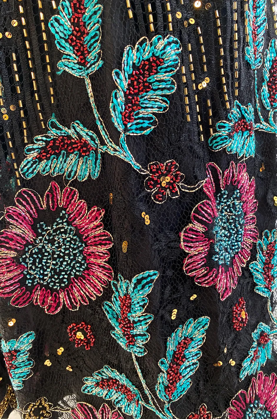 1970s Alfred Bosand Densely Beaded Sequinned & Embroidered Gold & Floral Dress