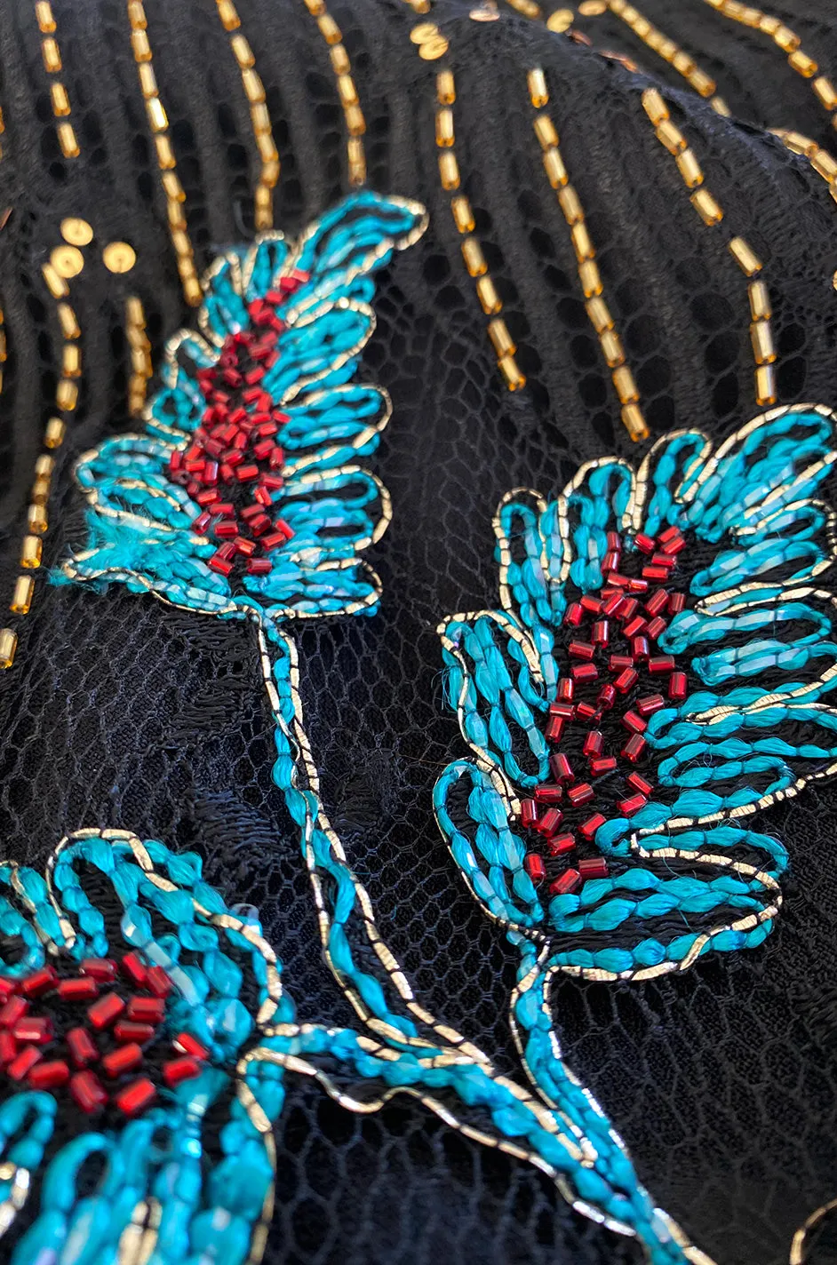 1970s Alfred Bosand Densely Beaded Sequinned & Embroidered Gold & Floral Dress