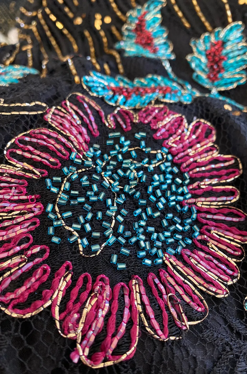 1970s Alfred Bosand Densely Beaded Sequinned & Embroidered Gold & Floral Dress