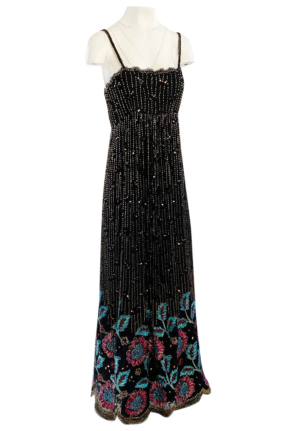 1970s Alfred Bosand Densely Beaded Sequinned & Embroidered Gold & Floral Dress