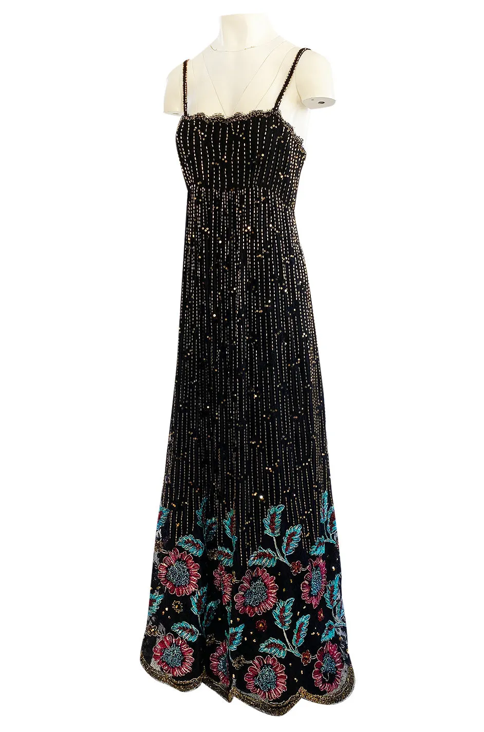 1970s Alfred Bosand Densely Beaded Sequinned & Embroidered Gold & Floral Dress