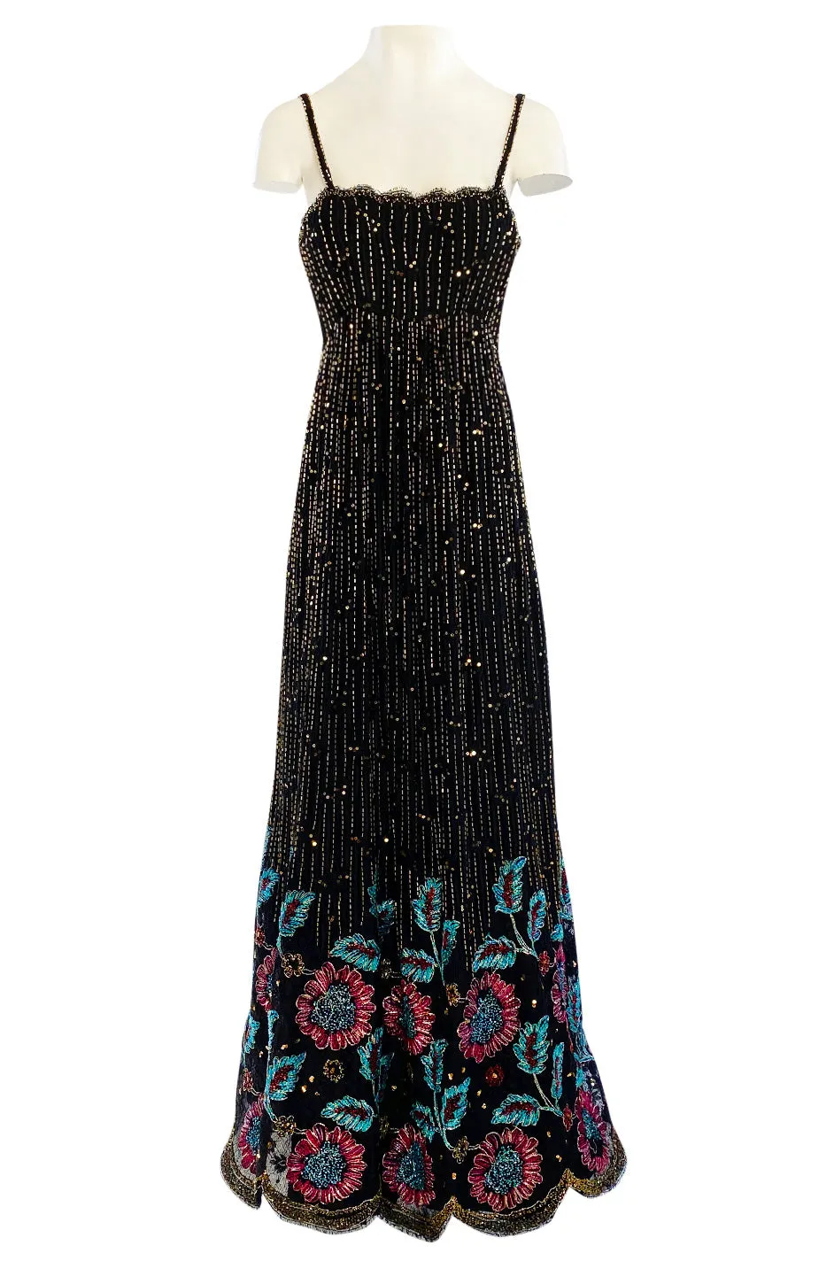 1970s Alfred Bosand Densely Beaded Sequinned & Embroidered Gold & Floral Dress