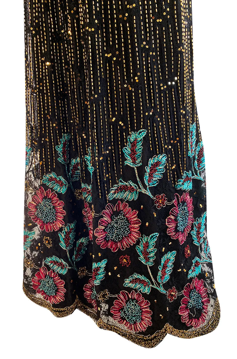 1970s Alfred Bosand Densely Beaded Sequinned & Embroidered Gold & Floral Dress