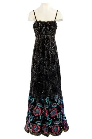 1970s Alfred Bosand Densely Beaded Sequinned & Embroidered Gold & Floral Dress