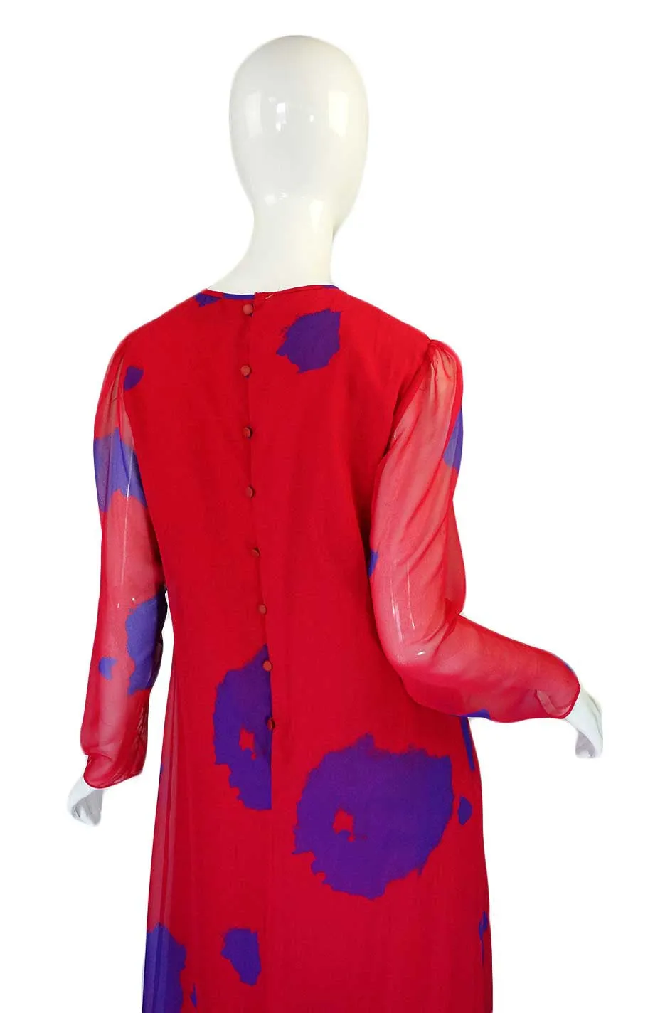 1970s Hanae Mori Silk Chiffon Cherry Red & Purple Dress
