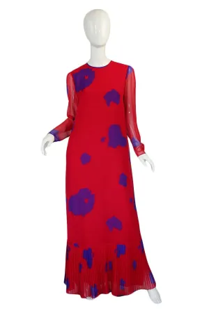 1970s Hanae Mori Silk Chiffon Cherry Red & Purple Dress