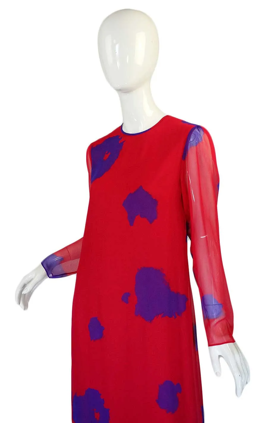 1970s Hanae Mori Silk Chiffon Cherry Red & Purple Dress