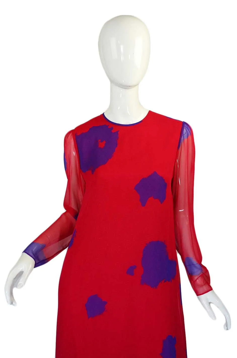 1970s Hanae Mori Silk Chiffon Cherry Red & Purple Dress