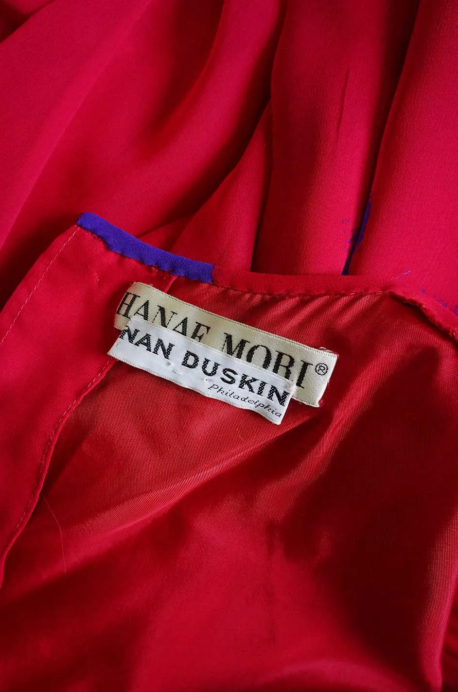 1970s Hanae Mori Silk Chiffon Cherry Red & Purple Dress