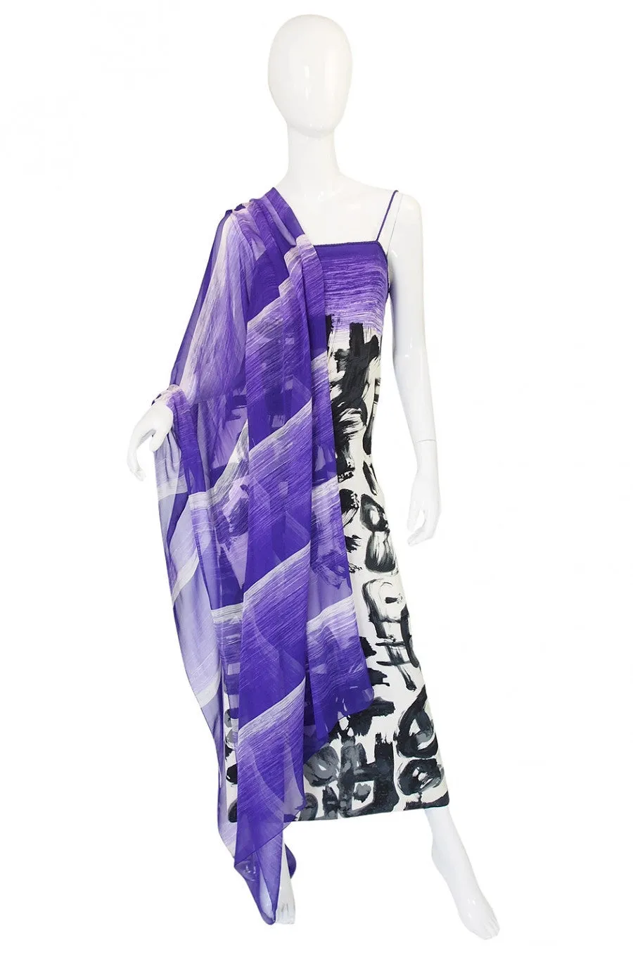 1970s Hanae Mori Silk Dress & Scarf w Purple & Graphic Print