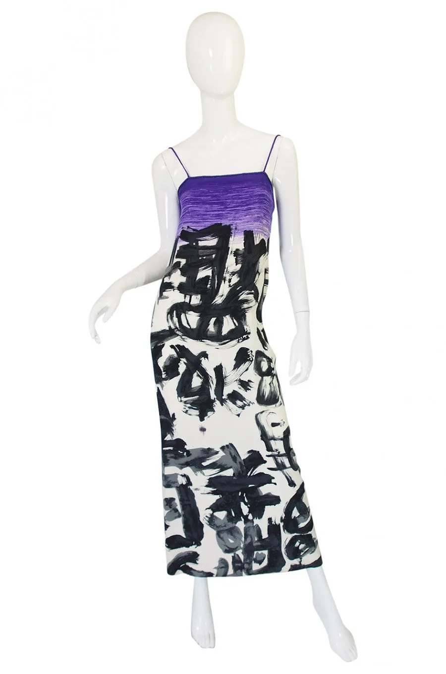1970s Hanae Mori Silk Dress & Scarf w Purple & Graphic Print