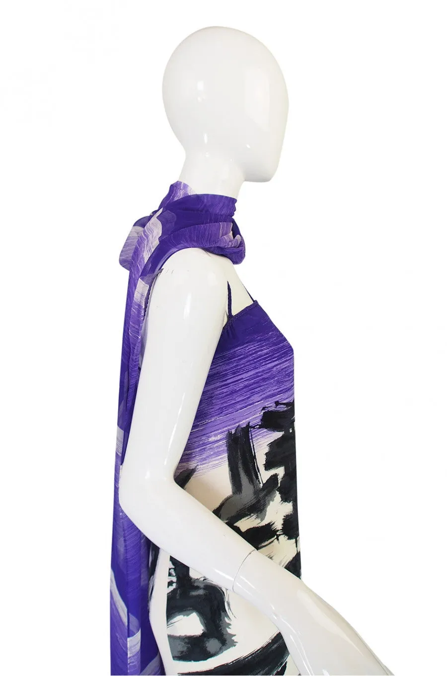 1970s Hanae Mori Silk Dress & Scarf w Purple & Graphic Print
