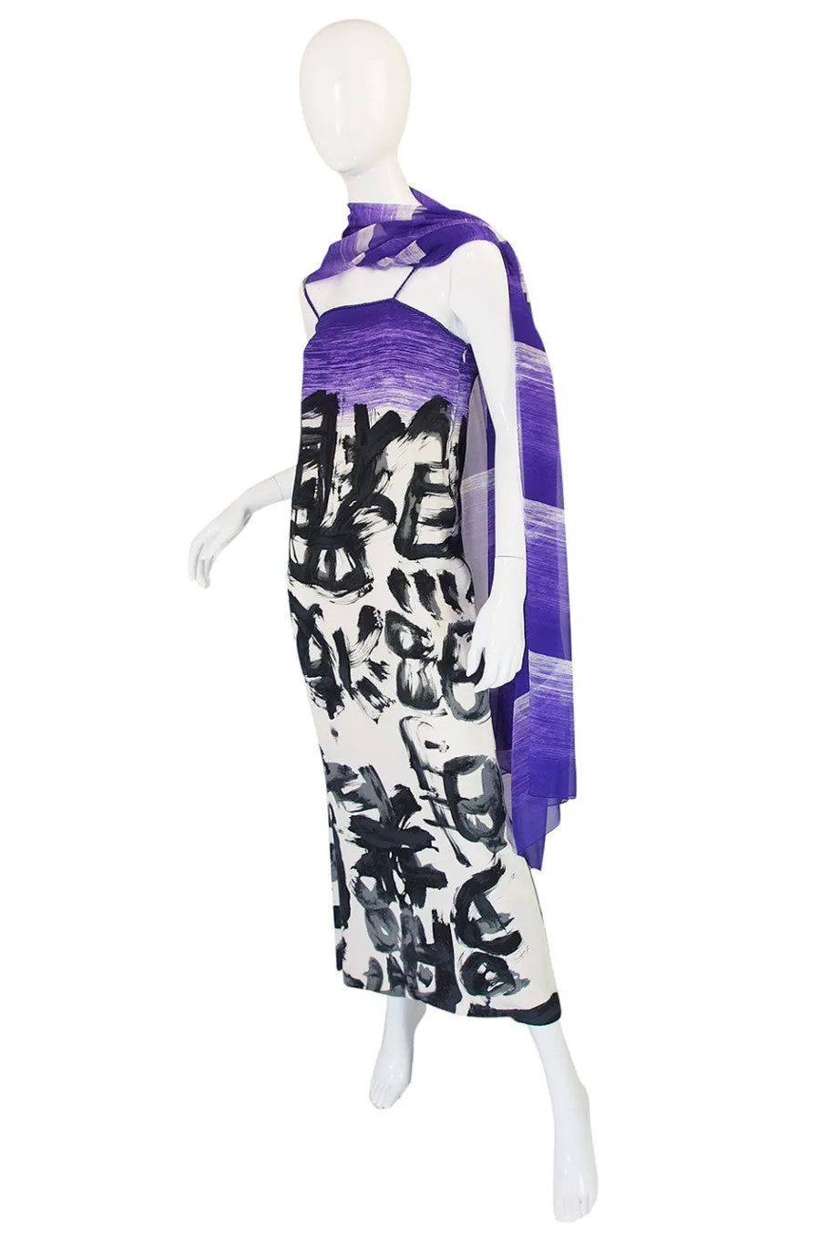 1970s Hanae Mori Silk Dress & Scarf w Purple & Graphic Print