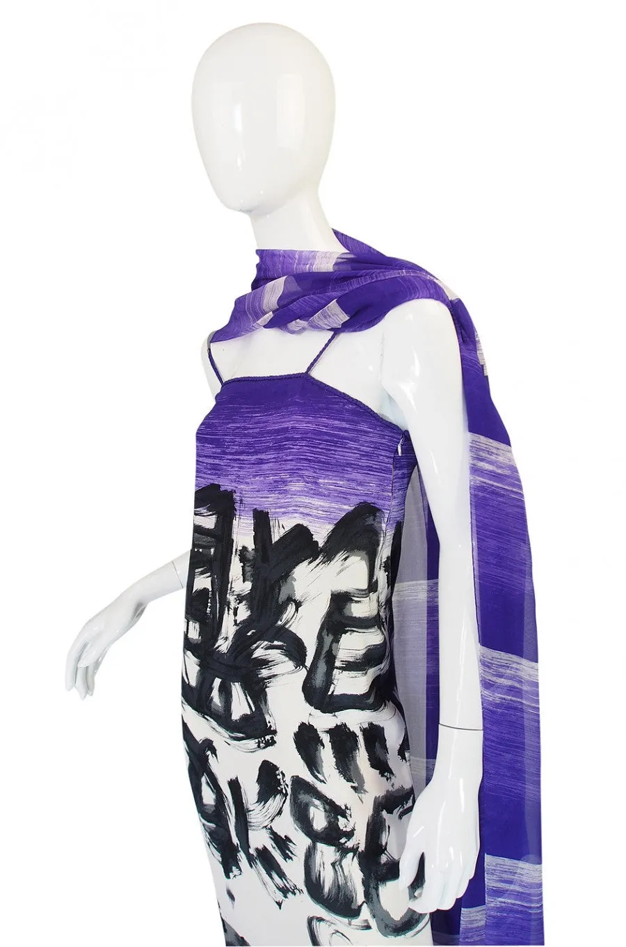1970s Hanae Mori Silk Dress & Scarf w Purple & Graphic Print