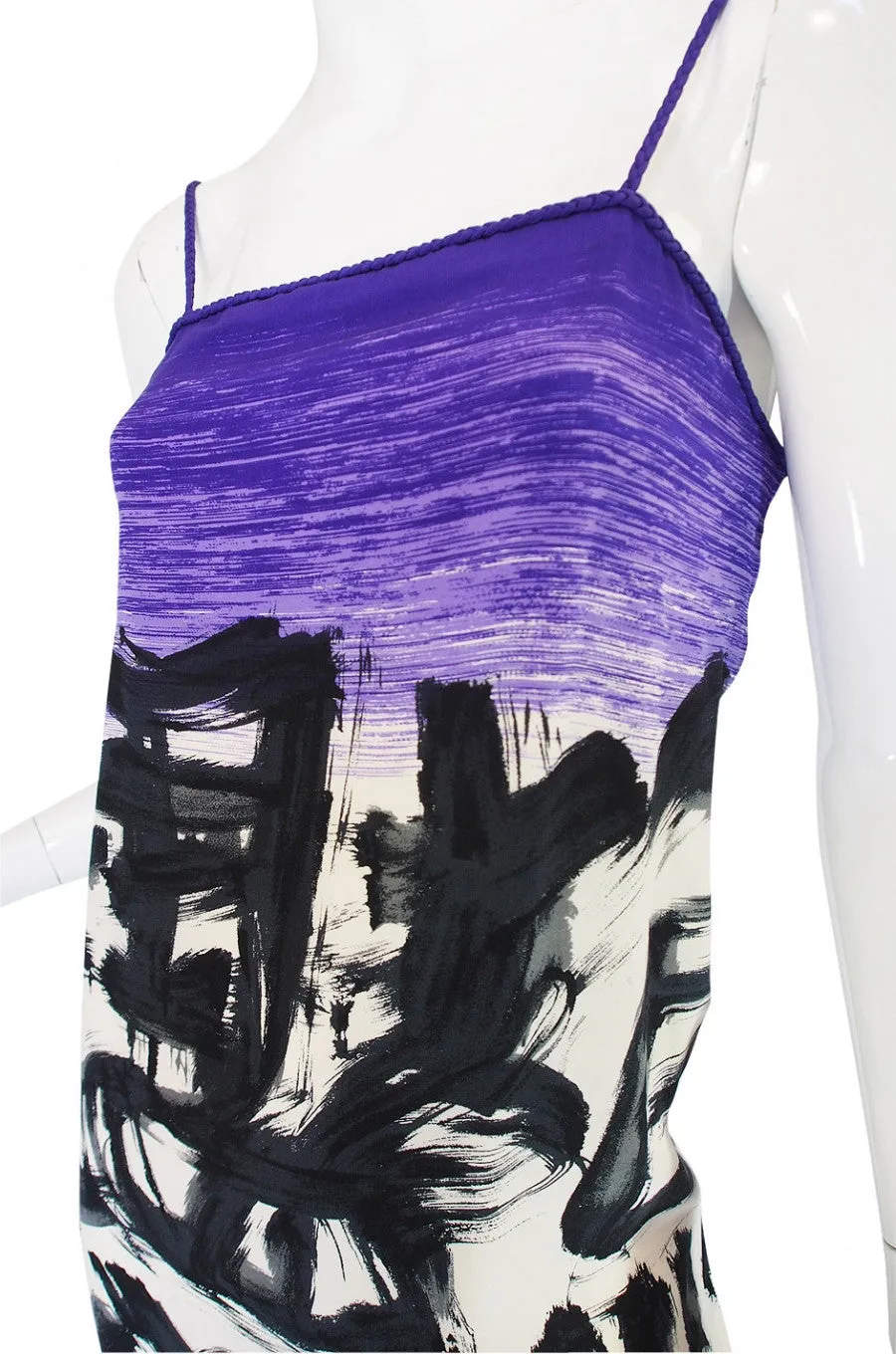 1970s Hanae Mori Silk Dress & Scarf w Purple & Graphic Print