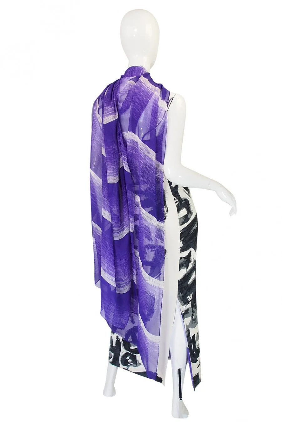1970s Hanae Mori Silk Dress & Scarf w Purple & Graphic Print