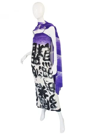 1970s Hanae Mori Silk Dress & Scarf w Purple & Graphic Print