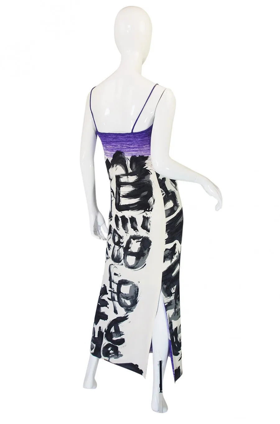 1970s Hanae Mori Silk Dress & Scarf w Purple & Graphic Print
