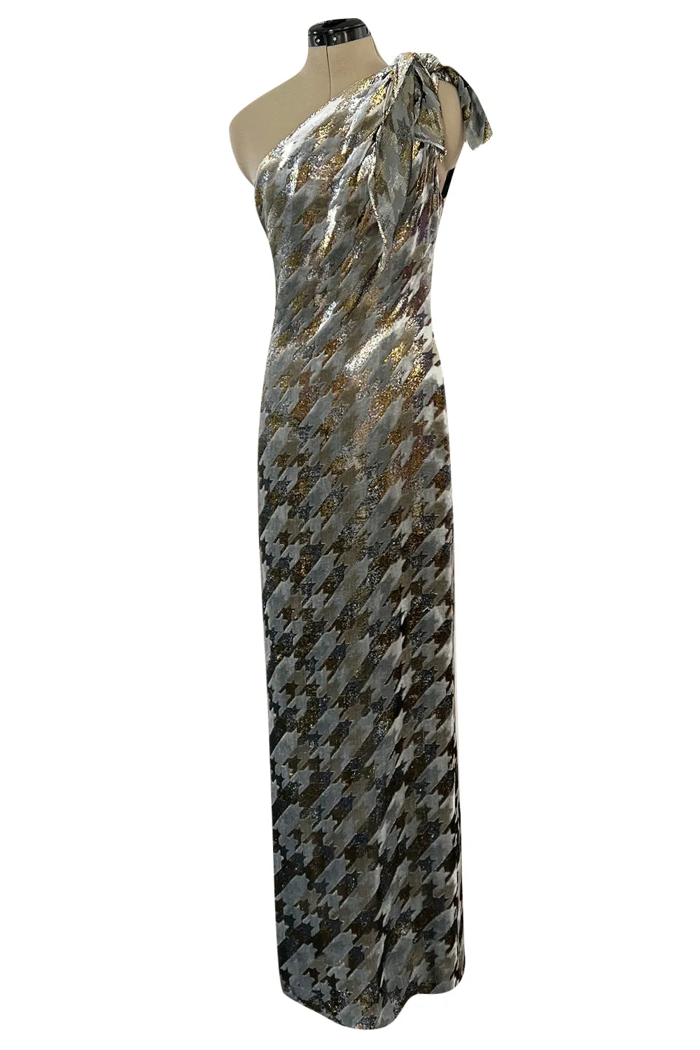 1970s Mollie Parnis Metallic Silver Gold & Copper Fluid Velvet One Shoulder Dress