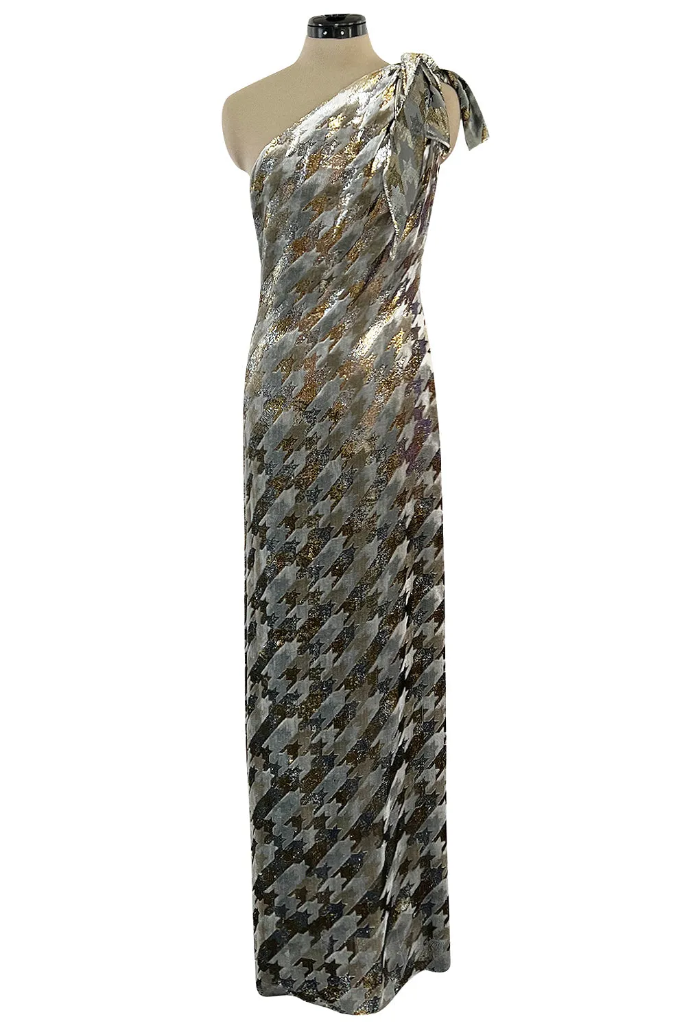 1970s Mollie Parnis Metallic Silver Gold & Copper Fluid Velvet One Shoulder Dress