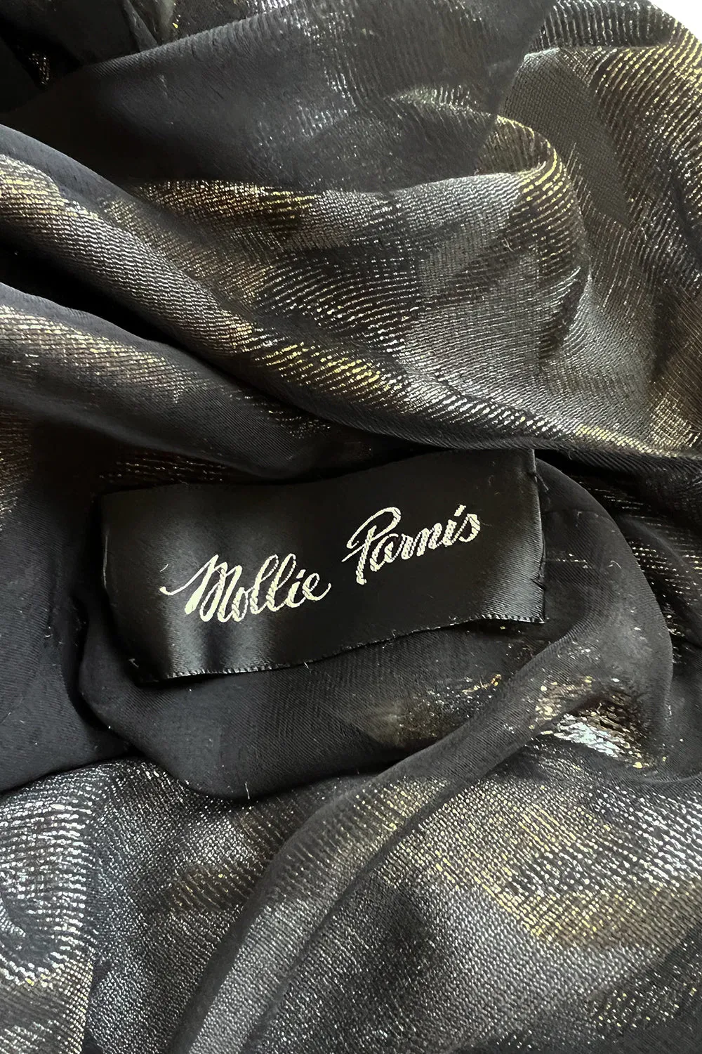 1970s Mollie Parnis Metallic Silver Gold & Copper Fluid Velvet One Shoulder Dress