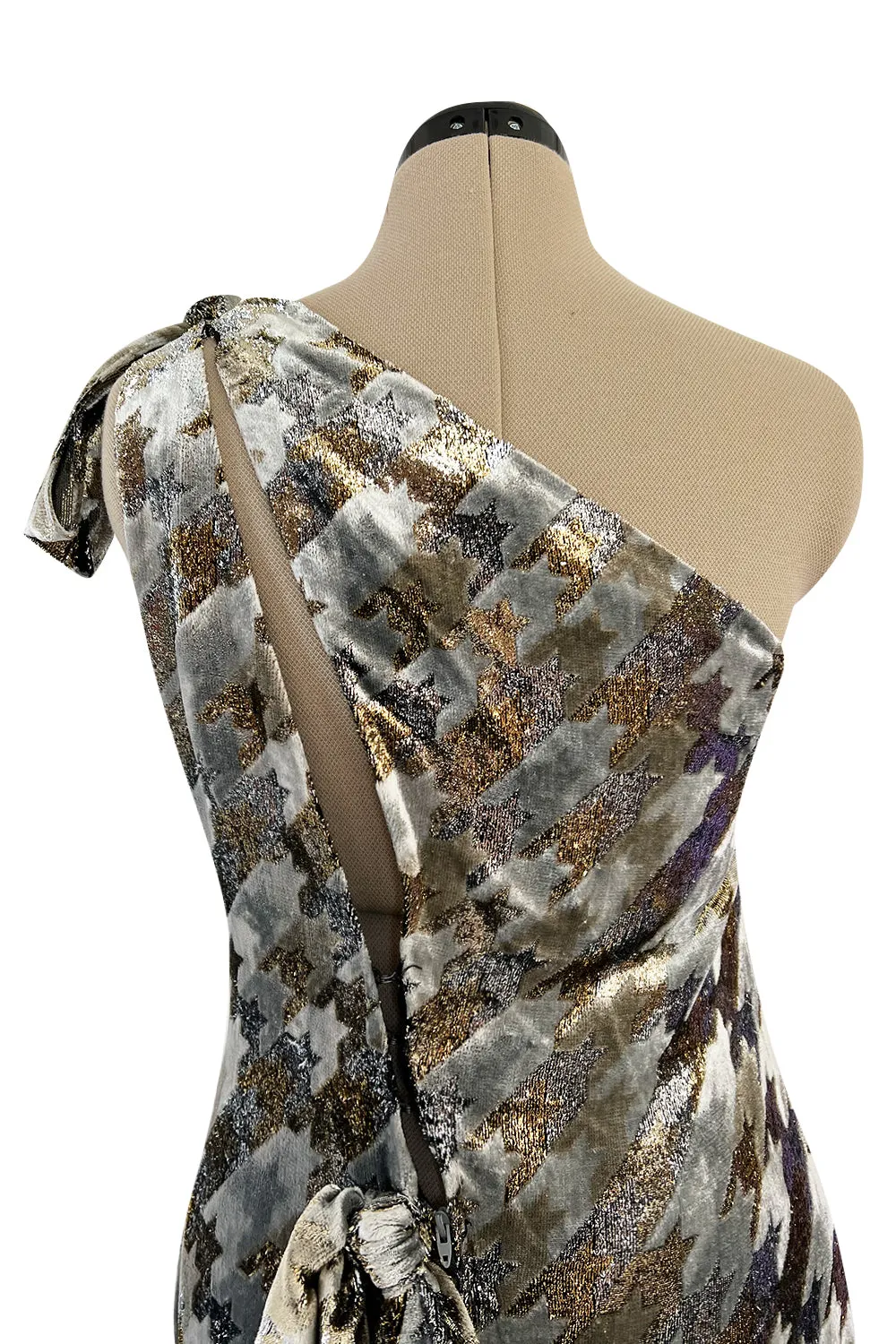 1970s Mollie Parnis Metallic Silver Gold & Copper Fluid Velvet One Shoulder Dress