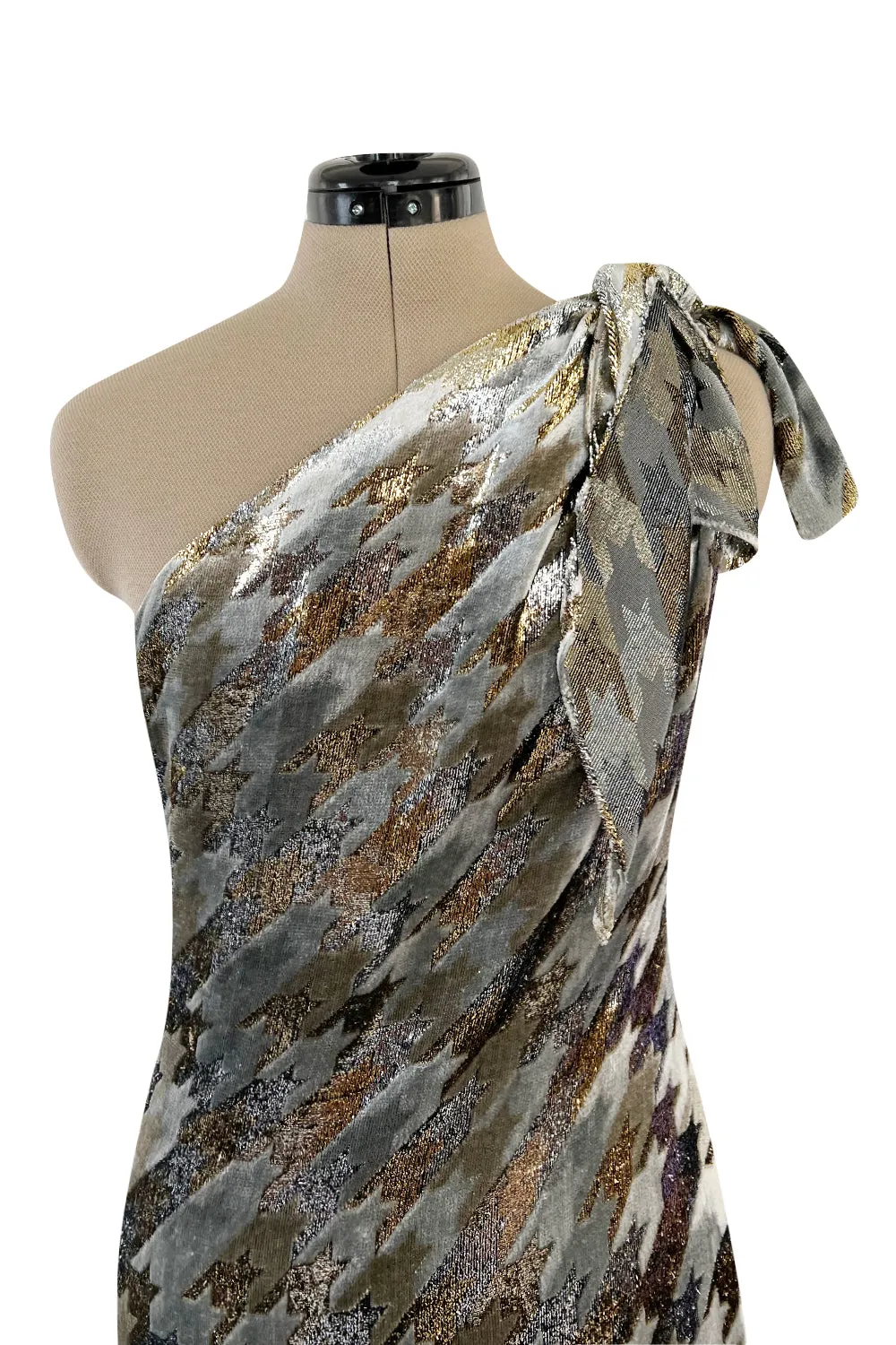 1970s Mollie Parnis Metallic Silver Gold & Copper Fluid Velvet One Shoulder Dress