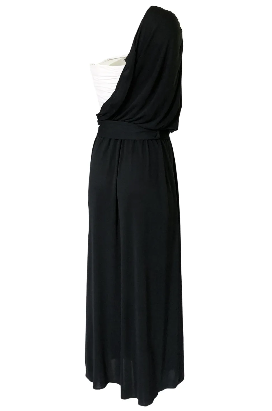 1980s Bill Blass Draped Black and White Jersey One Shoulder Dress