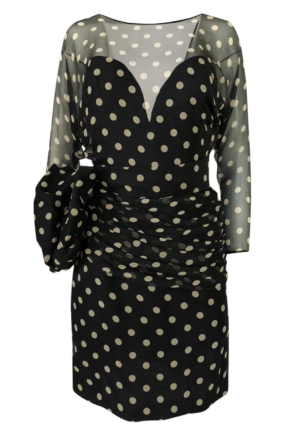 1980s Vicky Tiel Backless Dotted Silk Chiffon Fitted Mini Dress