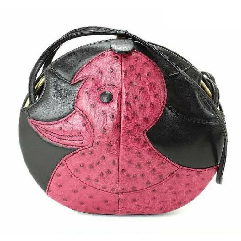 1980s. Vintage BALLY cute duck design black leather and pink ostrich leather combi round shoulder bag, clutch purse. Made in West Germany.