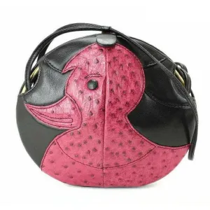 1980s. Vintage BALLY cute duck design black leather and pink ostrich leather combi round shoulder bag, clutch purse. Made in West Germany.