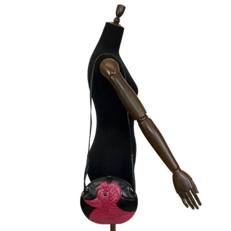 1980s. Vintage BALLY cute duck design black leather and pink ostrich leather combi round shoulder bag, clutch purse. Made in West Germany.