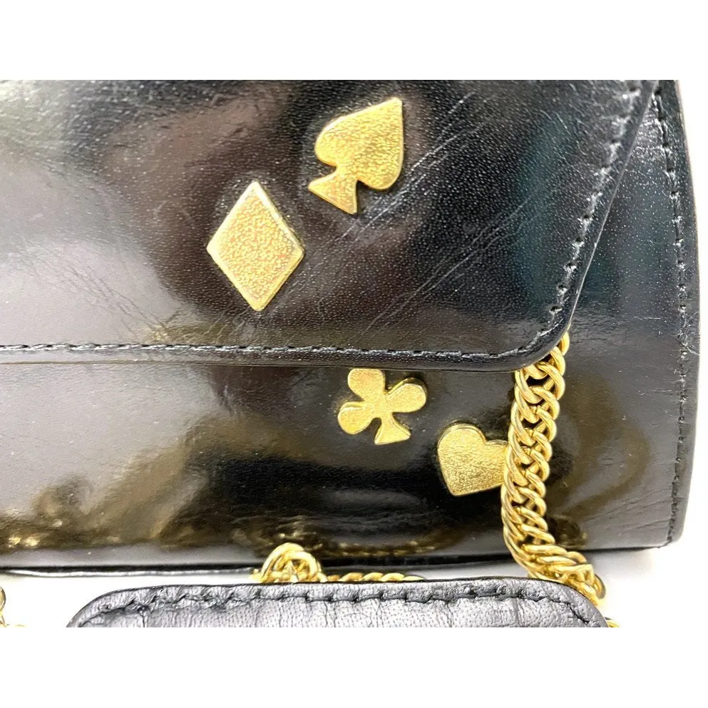 Albert Nipon Vintage Black Leather Card Suits Purse Crossbody heart Retro Spade
