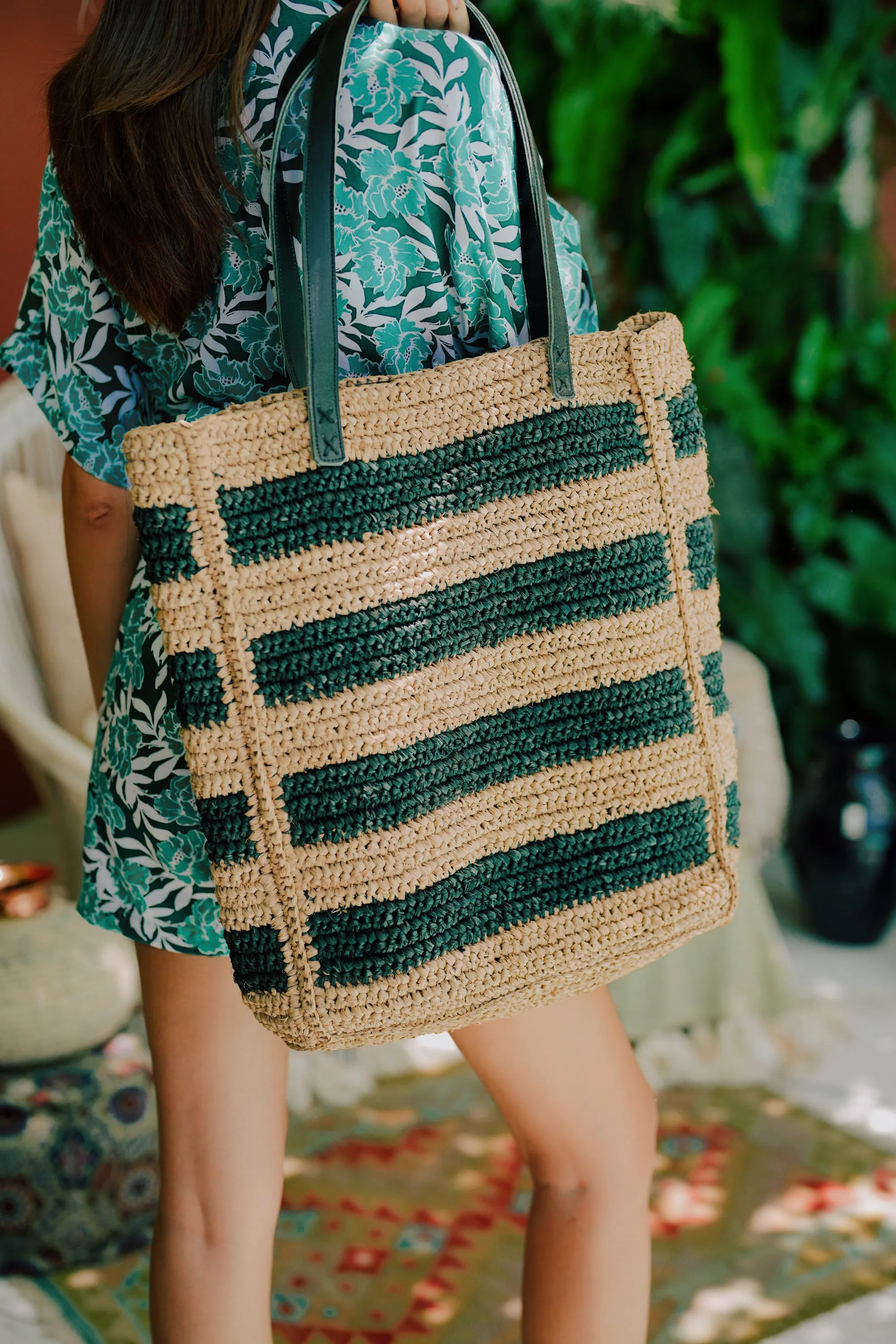Alina All Over Striped Premium Raffia Tote