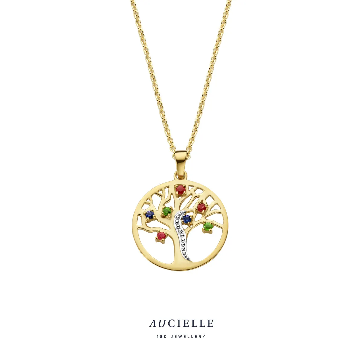 Aucielle - Pendentif - Arbre de vie, Or Jaune et Blanc, Zircons multicolores (AH0095C)