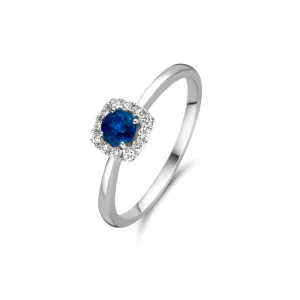 Bague entourage - Or Blanc, Diamants et Saphir bleu (053883/SA)