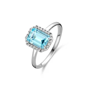 Bague entourage - Or Blanc, Diamants et Topaze bleue (063010/TA)
