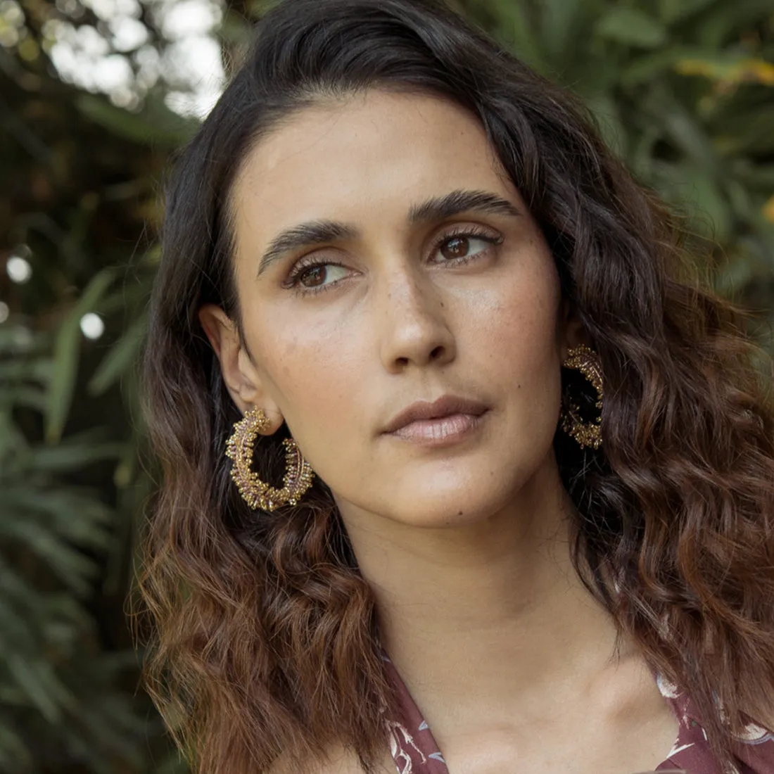 Beaded gold plated hoop earring -fringe style