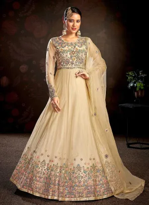 Beige Floral Embroidered Stylish Kalidar Anarkali