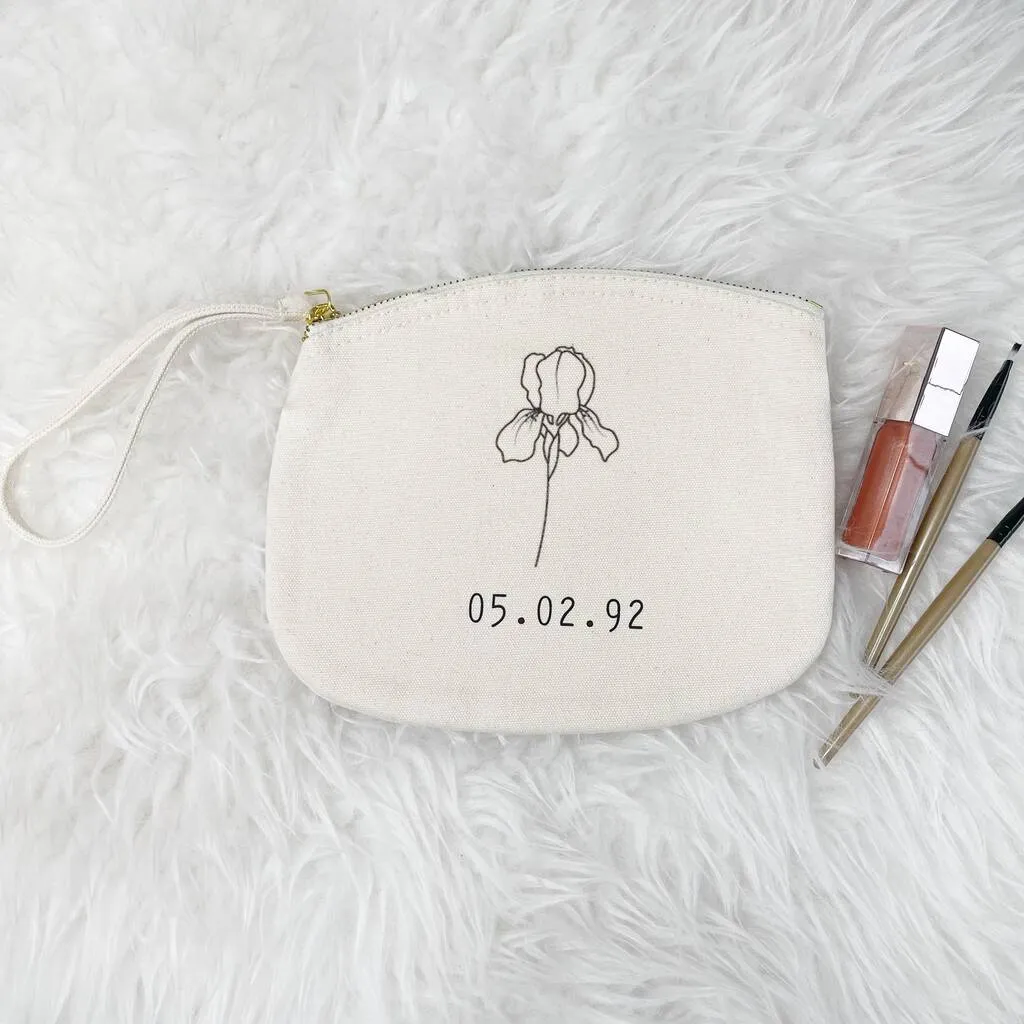 Birth Flower Personalised Make Up Bag With Birthdate