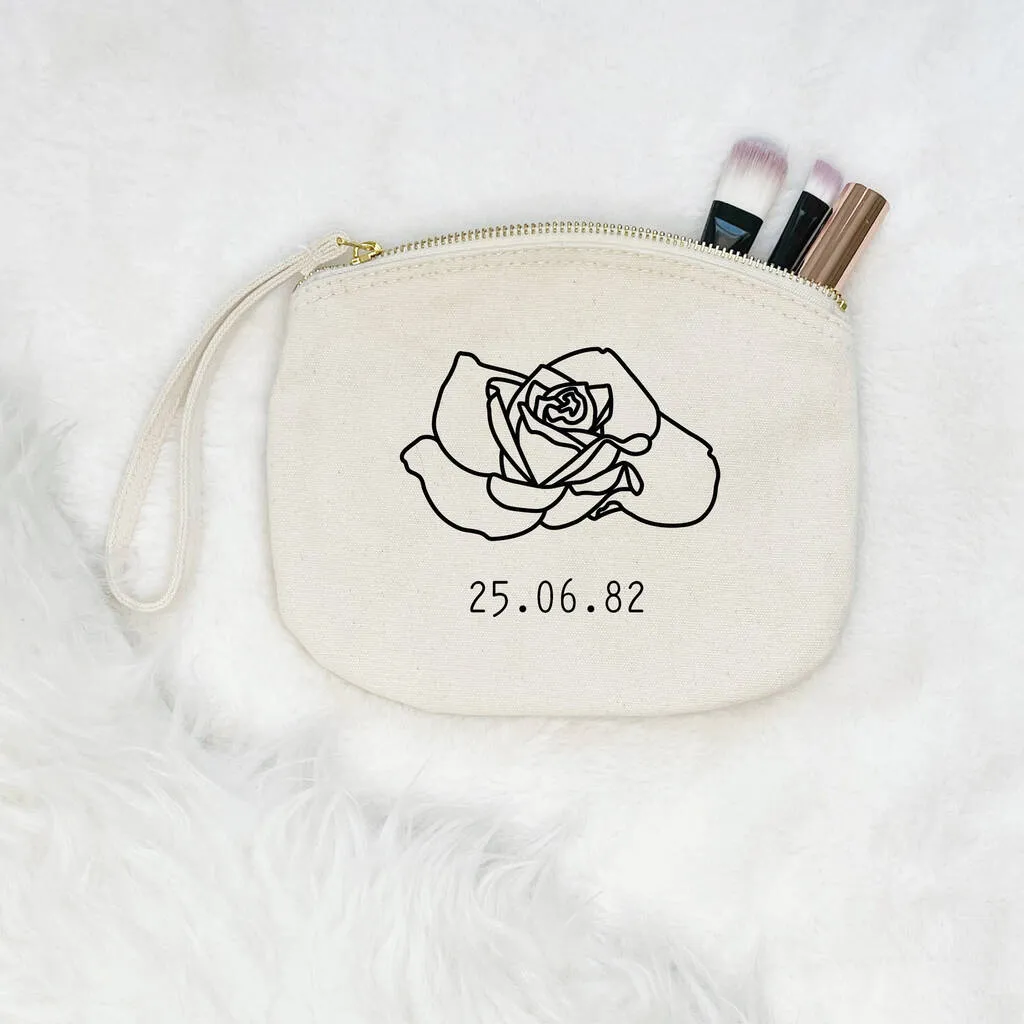 Birth Flower Personalised Make Up Bag With Birthdate