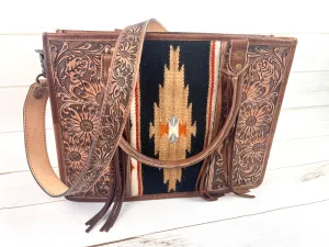 Black and Tan Diamond Wool Large Tote with Dark Leather Floral Tooling