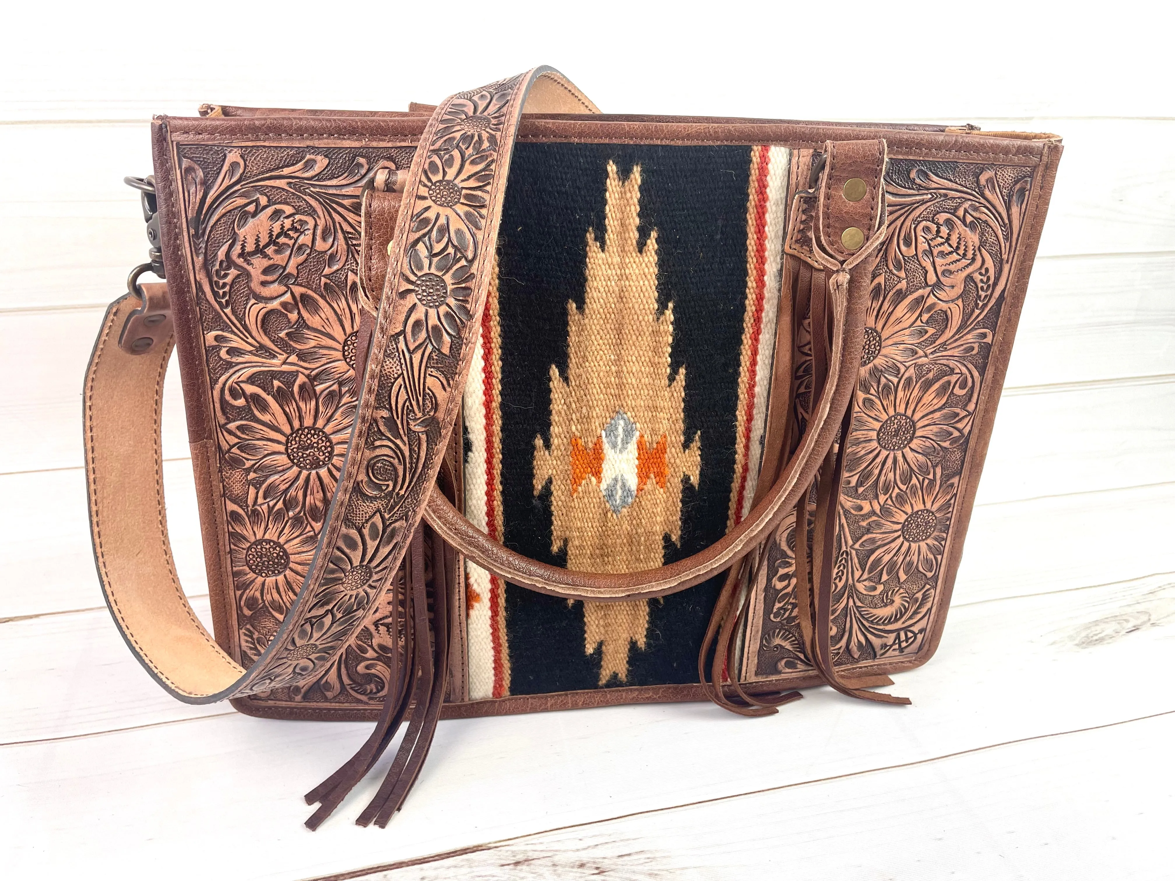 Black and Tan Diamond Wool Large Tote with Dark Leather Floral Tooling