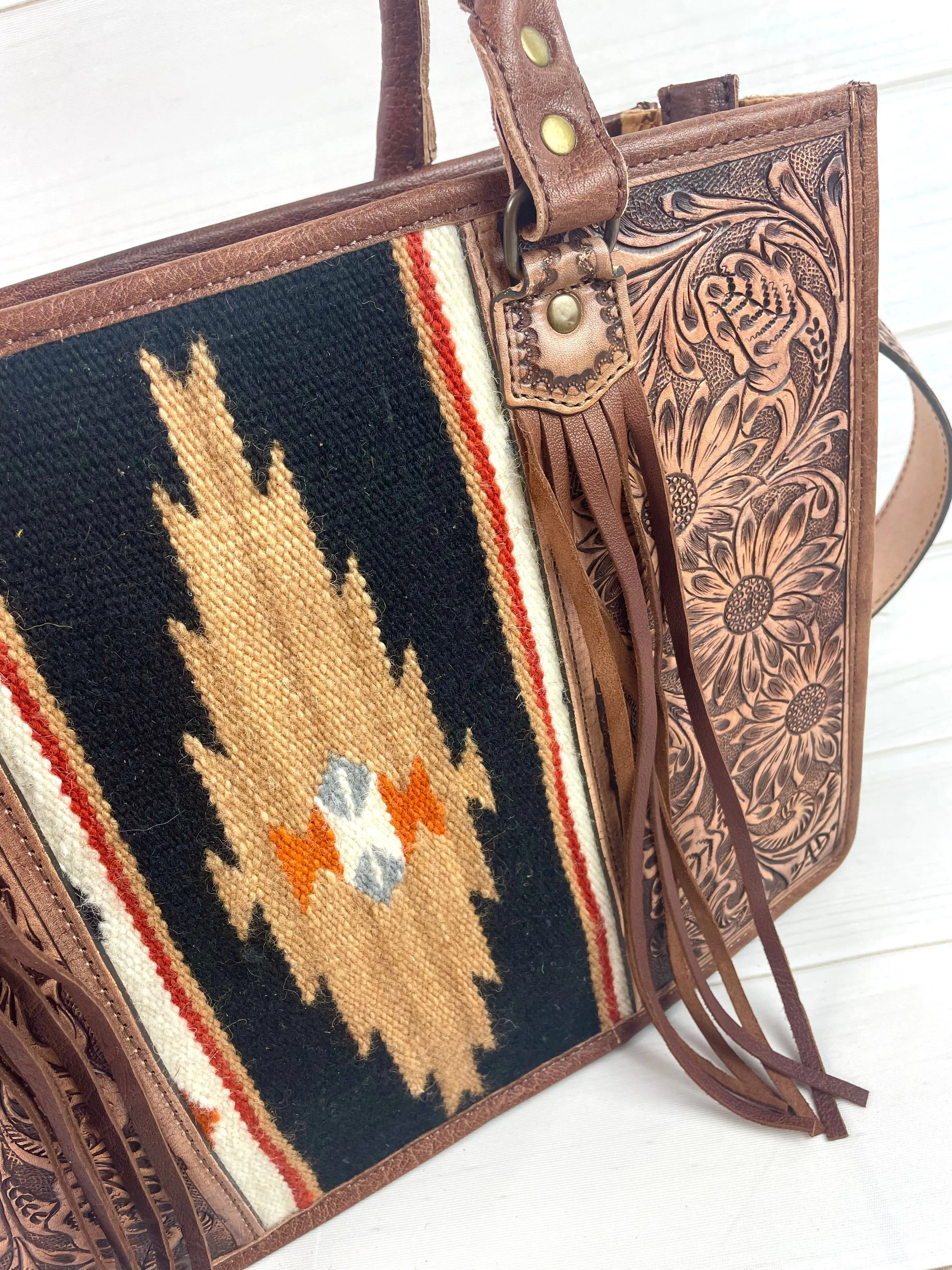 Black and Tan Diamond Wool Large Tote with Dark Leather Floral Tooling